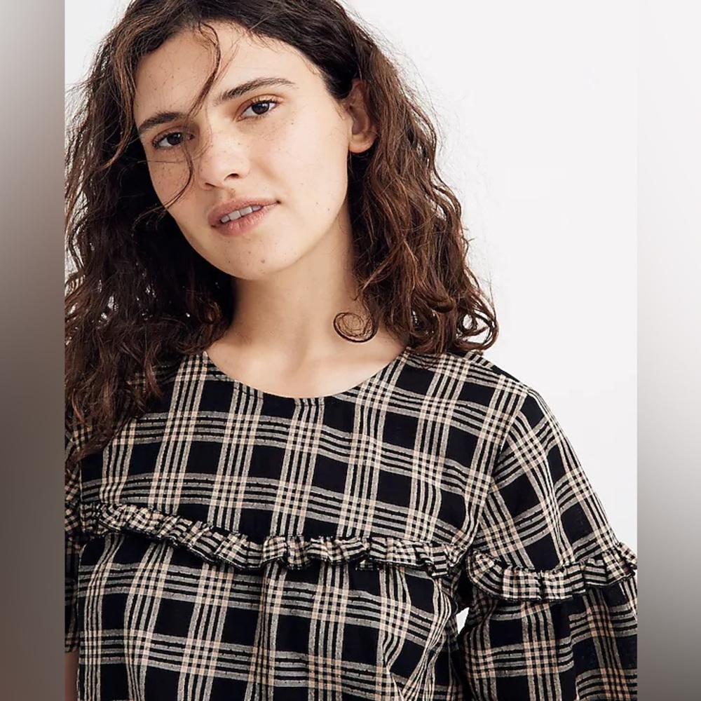 Madewell Black and Cream Plaid Ruffle Blouse